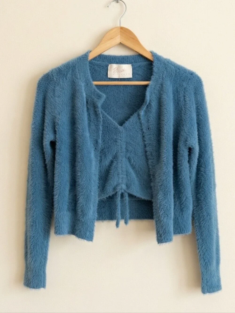Blush Boutique Fuzzy Cardigan Tank Set Small Blue Matching Crop Top Soft